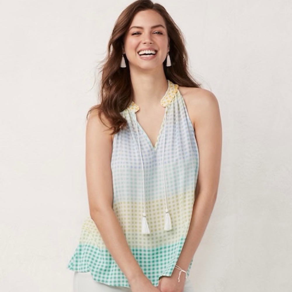 LC Lauren Conrad Notchneck Tank XS Gingham Pastel Spring Summer Casual Brunch